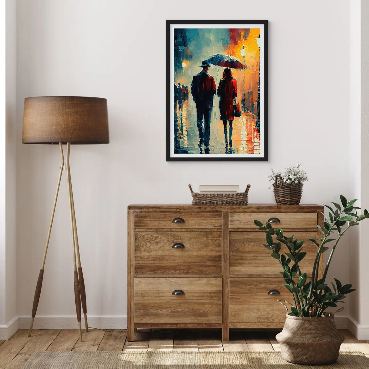 Poster in einem schwarzem Rahmen - Romantisches Paar unter einem Regenschirm im Regen - 50x70cm - Urbane Liebesgeschichte - Moderne Wanddekoration für Wohnzimmer und Schlafzimmer ARTTOR