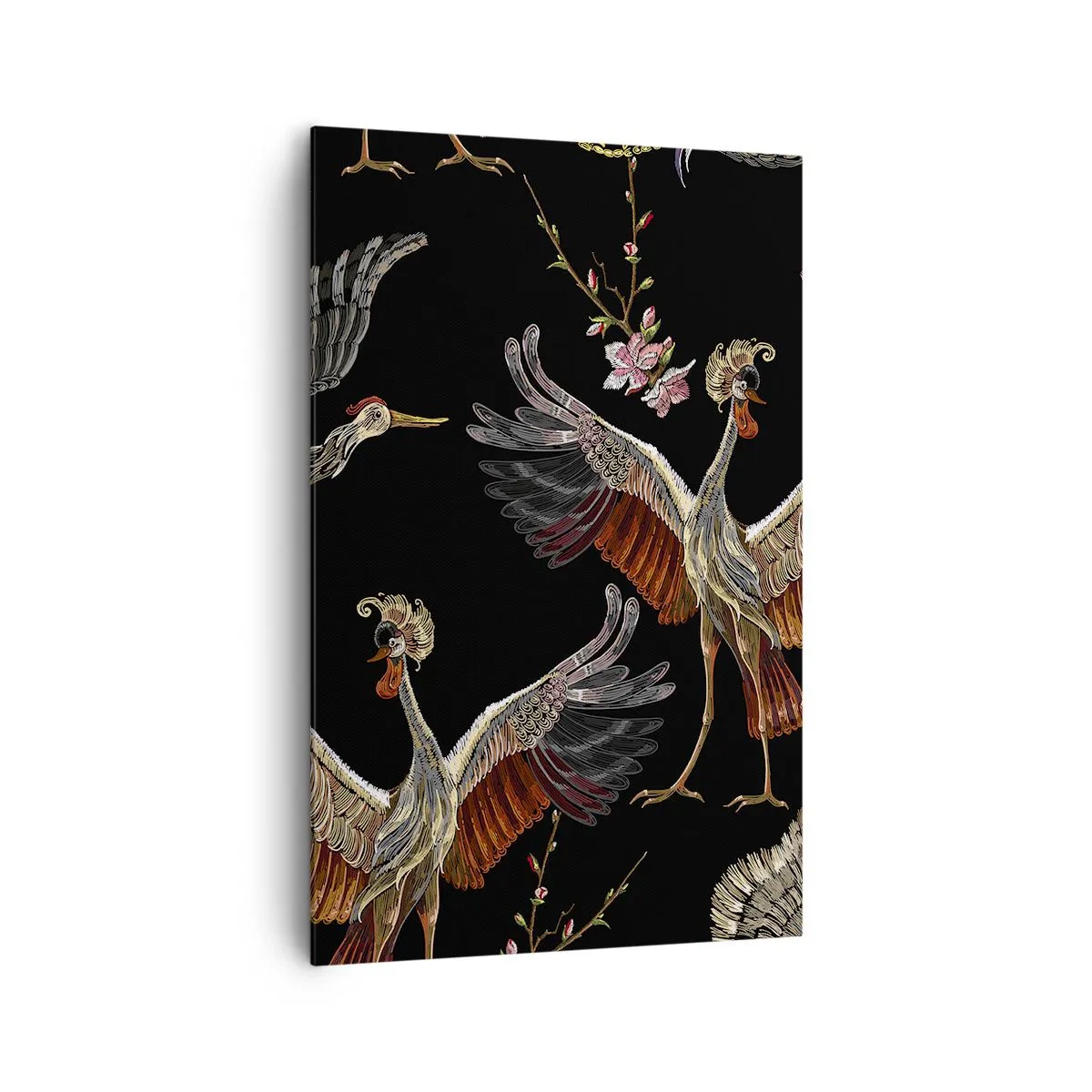 Bild auf Leinwand - Leinwandbild - Stilvolle Kraniche und Blumen auf schwarzem Hintergrund - 80x120cm - Märchenvogel - Moderne Wanddekoration für Wohnzimmer und Schlafzimmer ARTTOR