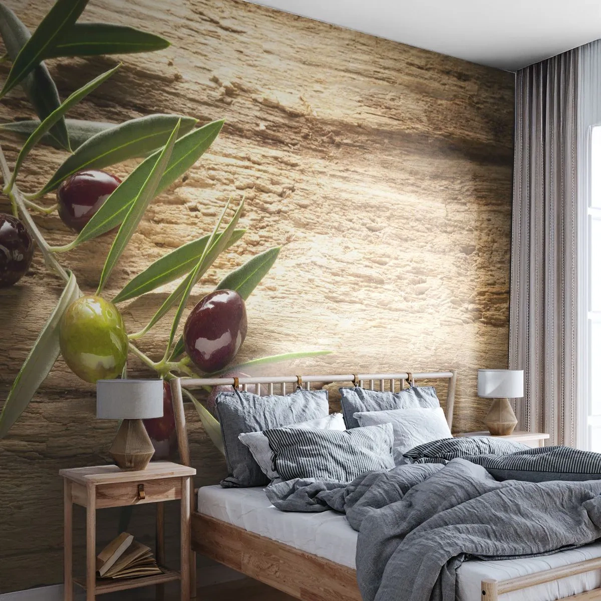 Fototapete Premium Sand - Ein Olivenzweig auf rustikaler Holzoberfläche - 100x70cm - Direkt aus der Natur - Moderne Wanddekoration für Wohnzimmer und Schlafzimmer ARTTOR