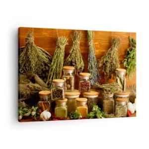Bild auf Leinwand - Leinwandbild - Kräuter und Gewürze in Gläsern auf rustikalem Hintergrund - 70x50cm - Küchenzauber - Moderne Wanddekoration für Wohnzimmer und Schlafzimmer ARTTOR