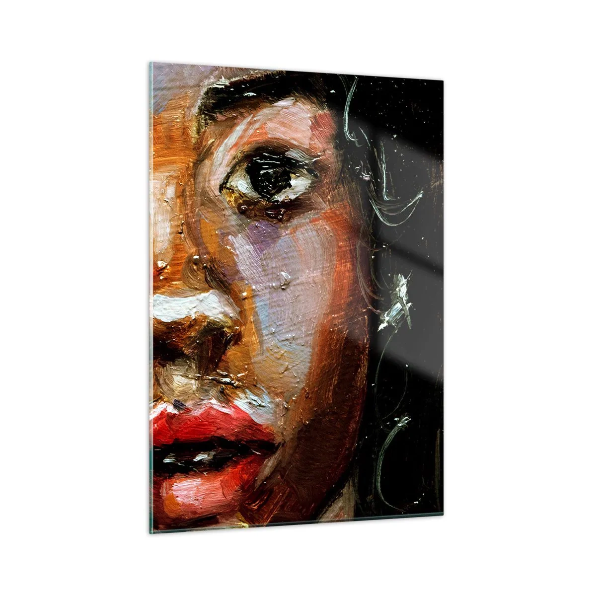 Glasbild - Bild auf glas - Fragment eines farbenfrohen Frauenporträts im malerischen Stil - 50x70cm - Schwarz und Glanz - Moderne Wanddekoration für Wohnzimmer und Schlafzimmer ARTTOR