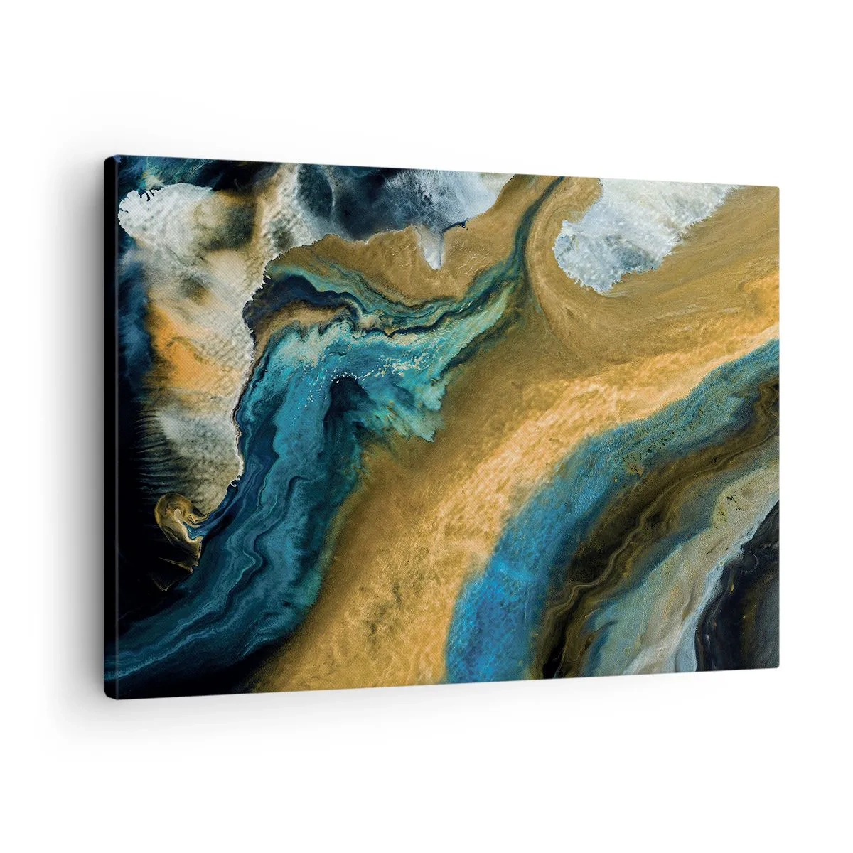 Bild auf Leinwand - Leinwandbild - Abstrakte Wellen in Gold- und Blautönen - 70x50cm - Blau - Gelb - gegenseitige Beeinflussung - Moderne Wanddekoration für Wohnzimmer und Schlafzimmer ARTTOR