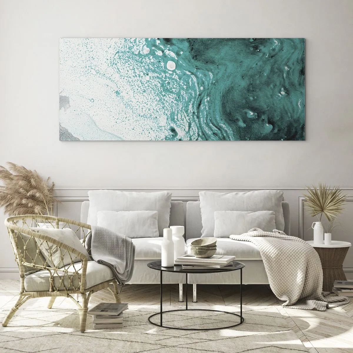 Glasbild - Bild auf glas - Abstrakte Komposition in Türkistönen auf weißem Hintergrund - 160x50cm - Verschmelzen in Weiß und Türkis - Moderne Wanddekoration für Wohnzimmer und Schlafzimmer ARTTOR