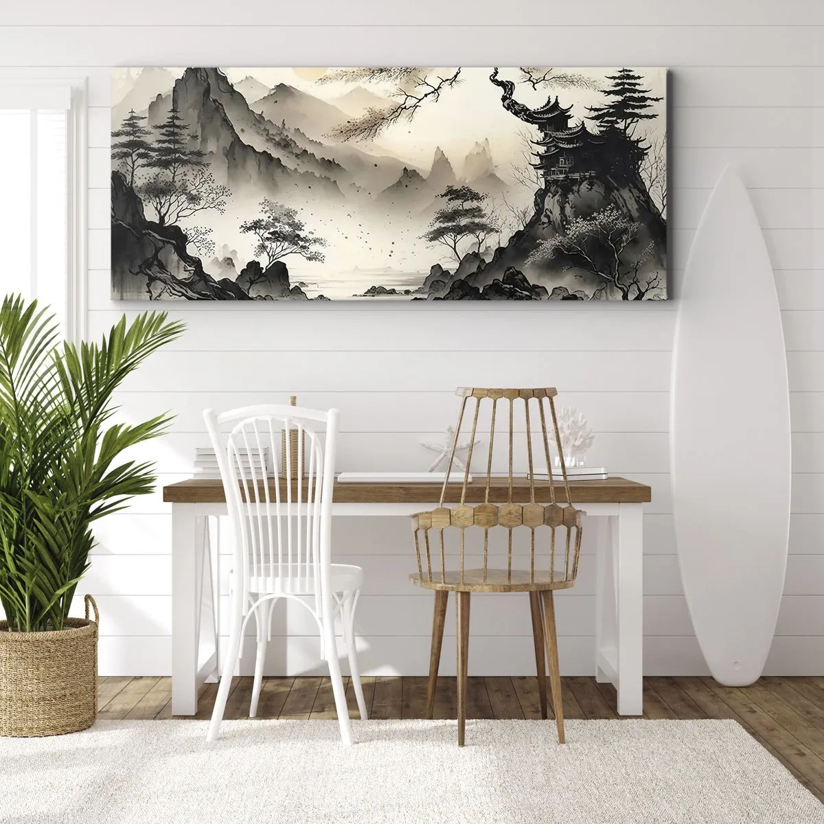 Bild auf Leinwand - Leinwandbild - Eine orientalische Landschaft mit Bergen und einer Pagode in zarten Farbtönen. - 140x50cm - Einzigartiger Charme des Orients - Moderne Wanddekoration für Wohnzimmer und Schlafzimmer ARTTOR
