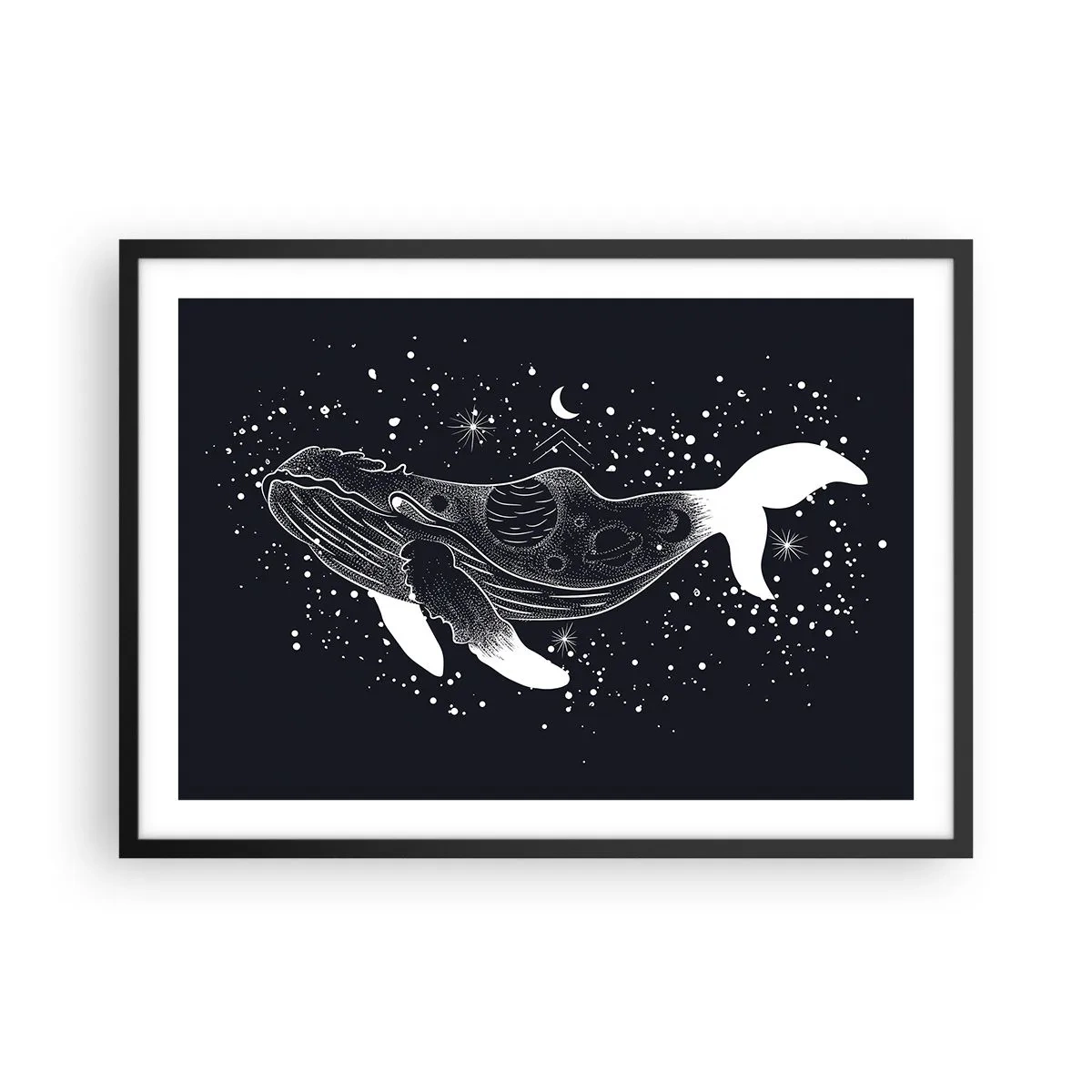 Poster in einem schwarzem Rahmen - Eine grafische Illustration eines Wals im Space-Age-Stil. - 70x50cm - Im Ozean des Universums - Moderne Wanddekoration für Wohnzimmer und Schlafzimmer ARTTOR