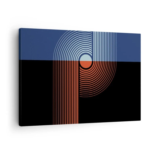 Bild auf Leinwand - Leinwandbild - Geometrische Abstraktion mit Linien in Marineblau und Orange. - 70x50cm - In einer geometrischen Umarmung - Moderne Wanddekoration für Wohnzimmer und Schlafzimmer ARTTOR