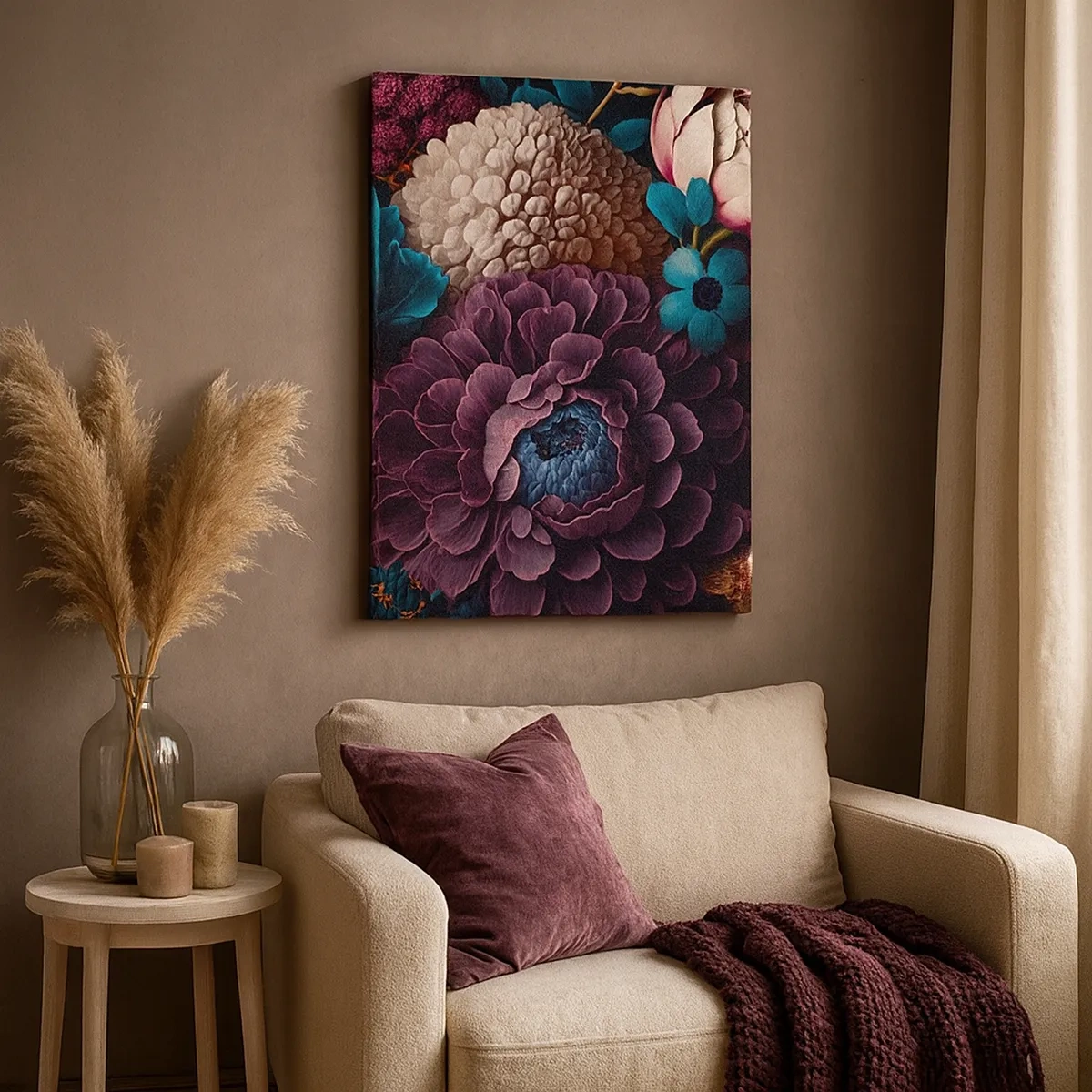 Bild auf Leinwand - Leinwandbild - Ein Blumenstrauß in intensiven Farben auf dunklem Hintergrund - 50x70cm - Natur in Hülle und Fülle - Moderne Wanddekoration für Wohnzimmer und Schlafzimmer ARTTOR