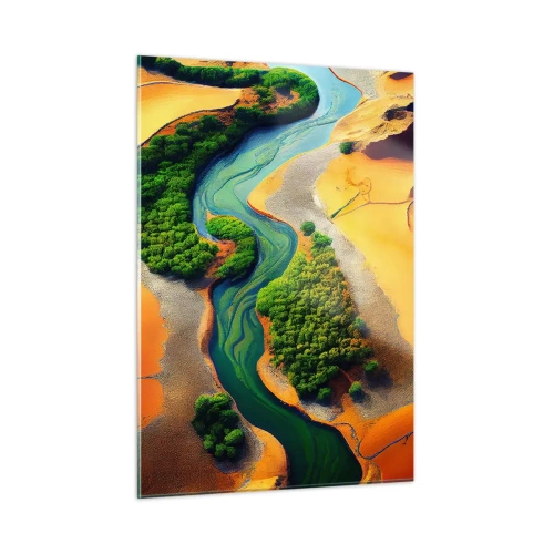 Glasbild - Bild auf glas - Grüne Oasen und ein Fluss zwischen orangefarbenen Dünen - 50x70cm - Lebensspendender Fluss - Moderne Wanddekoration für Wohnzimmer und Schlafzimmer ARTTOR