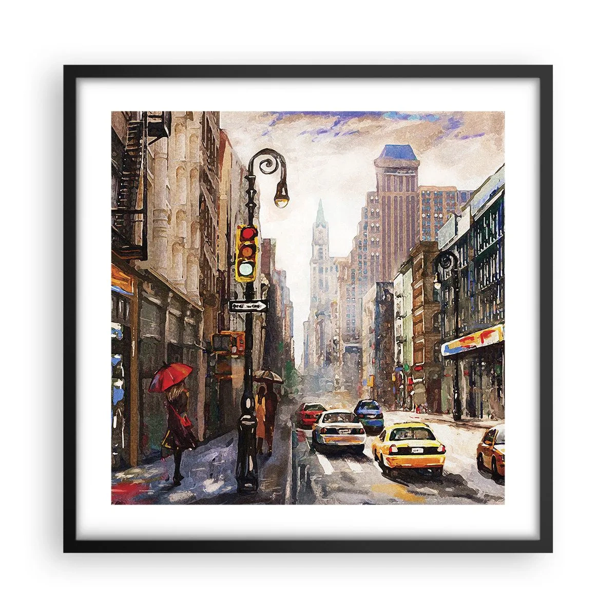 Poster in einem schwarzem Rahmen - New York - auch im Regen bunt - 50x50 cm