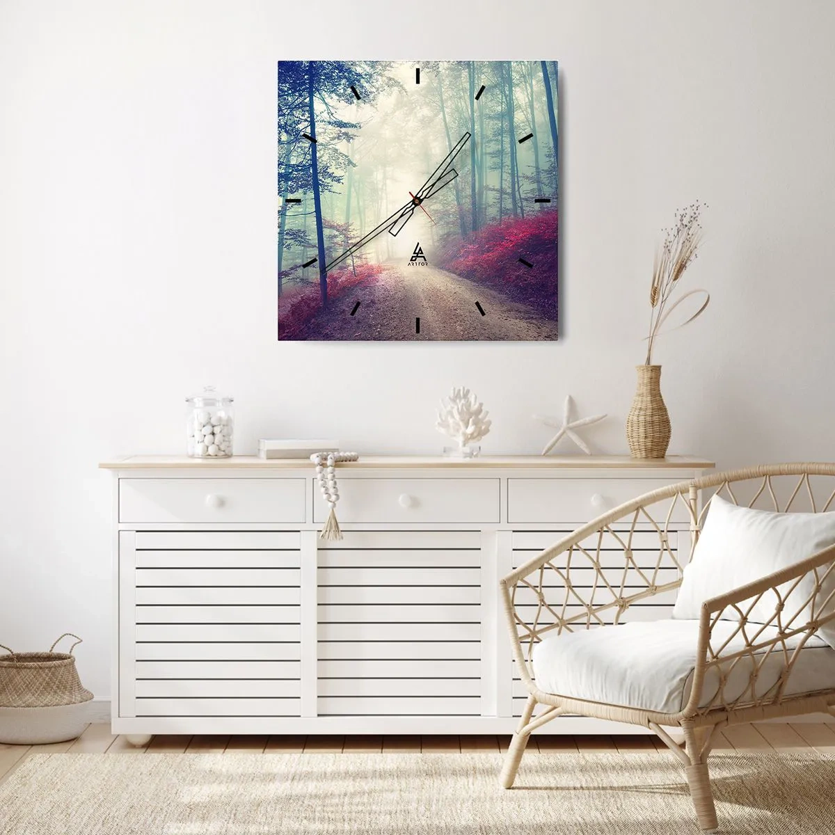 Wanduhr - Glasuhr - Ein magischer Waldweg, umgeben von Bäumen und Nebel - 30x30cm - Wie gut ist es, im Morgengrauen aufzustehen - Moderne Wanddekoration für Wohnzimmer und Schlafzimmer ARTTOR