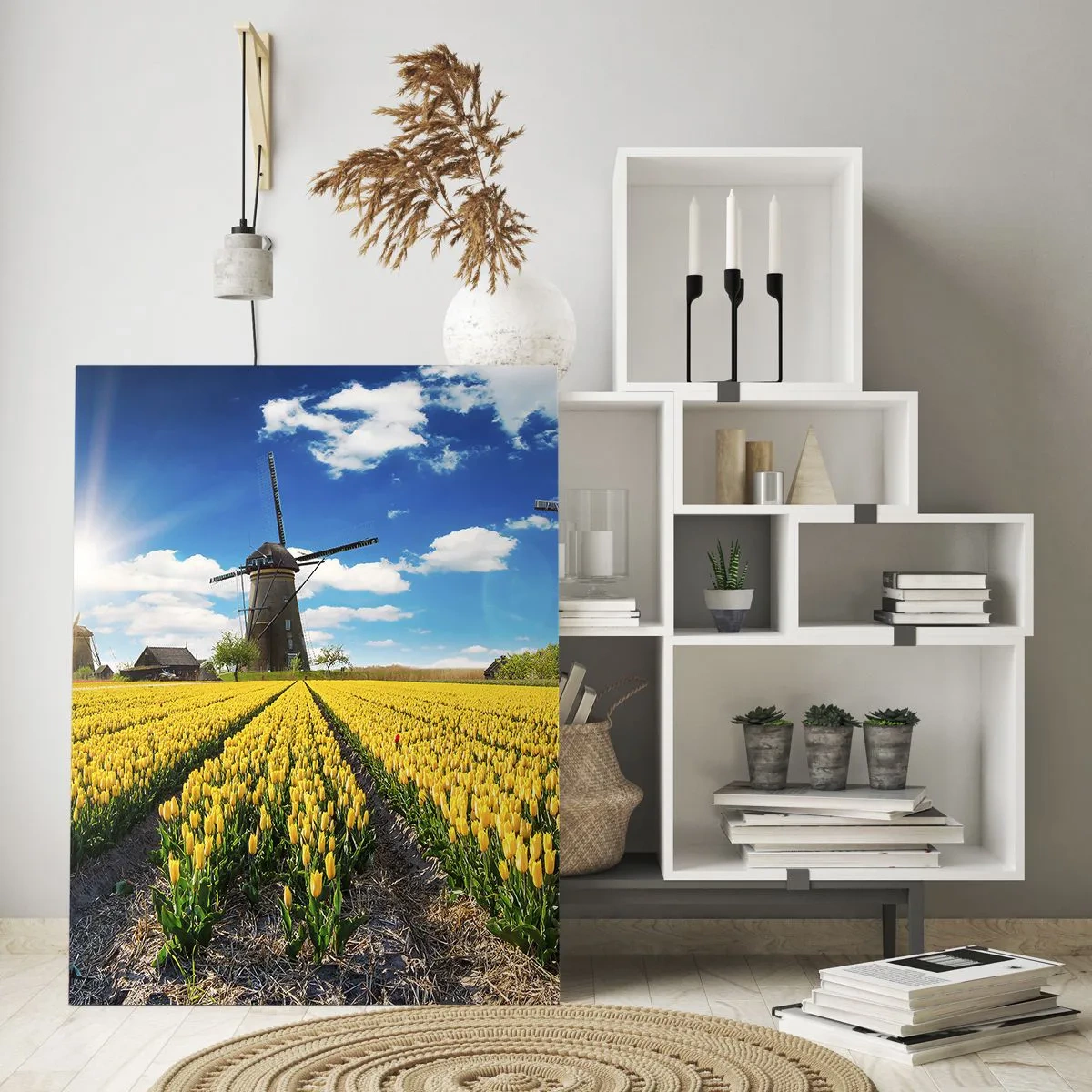 Glasbild - Bild auf glas - Ein Feld mit gelben Tulpen mit Windmühlen am Horizont - 80x120cm - Holländischer geht's nicht - Moderne Wanddekoration für Wohnzimmer und Schlafzimmer ARTTOR