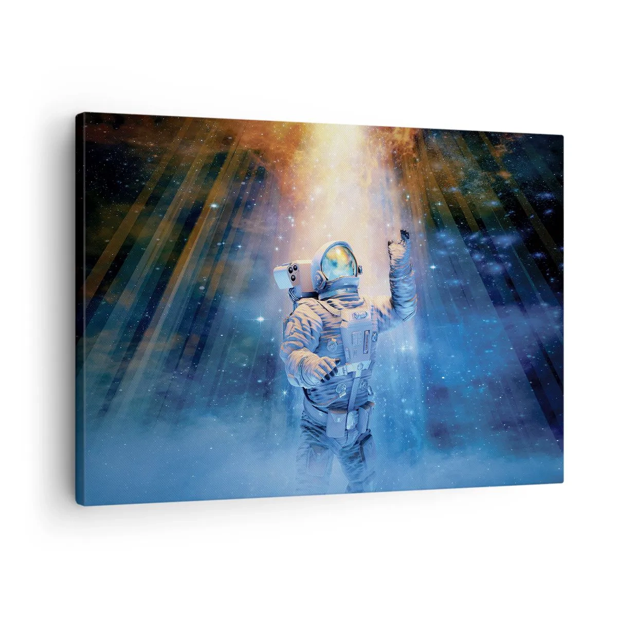 Bild auf Leinwand - Leinwandbild - Astronaut im Licht einer kosmischen Explosion voller Sterne - 70x50cm - Endlich am Ende - Moderne Wanddekoration für Wohnzimmer und Schlafzimmer ARTTOR