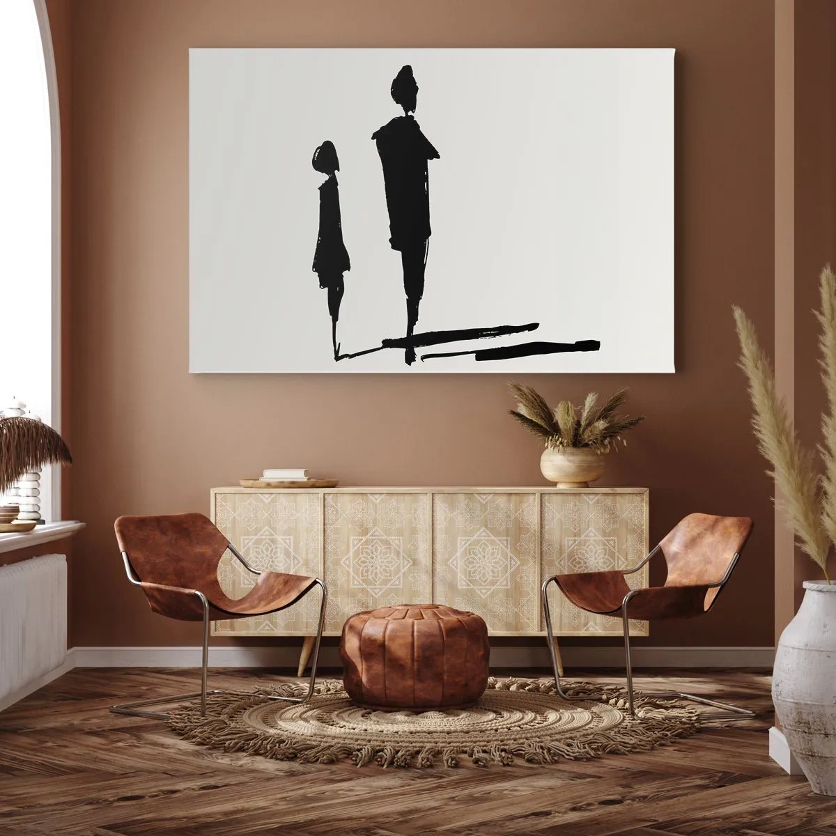 Bild auf Leinwand - Leinwandbild - Silhouetten von zwei Menschen in Schwarz auf hellem Hintergrund - 100x70cm - Mit Sicherheit zusammen? - Moderne Wanddekoration für Wohnzimmer und Schlafzimmer ARTTOR