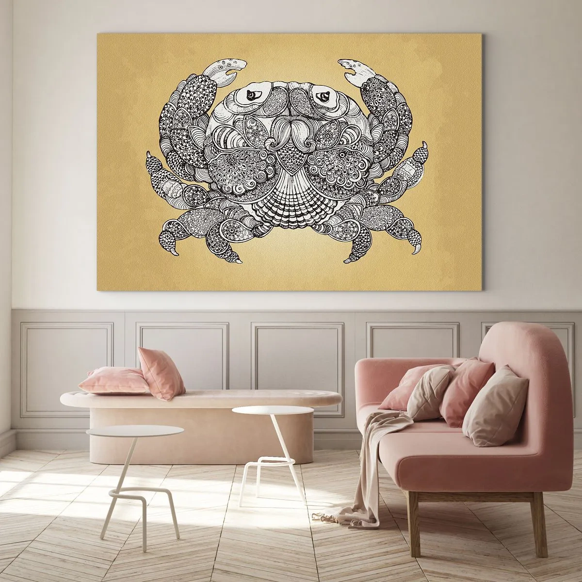 Glasbild - Bild auf glas - Stilisierte Zeichnung einer Krabbe mit Ornamenten auf gelbem Hintergrund - 70x50cm - Geschichten von Mr. Krabs - Moderne Wanddekoration für Wohnzimmer und Schlafzimmer ARTTOR