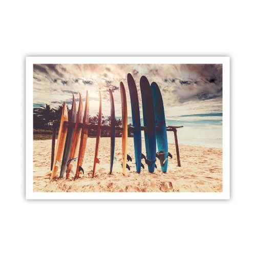 Poster - Surfbretter am Strand bei Sonnenuntergang - 100x70cm - Gute Nacht bis morgen - Moderne Wanddekoration für Wohnzimmer und Schlafzimmer ARTTOR