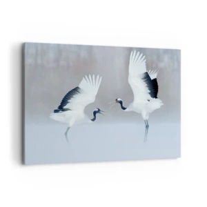 Bild auf Leinwand - Leinwandbild - Zwei Kraniche tanzen in einer nebligen Landschaft - 100x70cm - Tanz im Nebel - Moderne Wanddekoration für Wohnzimmer und Schlafzimmer ARTTOR