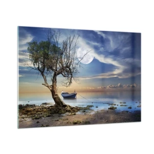 Glasbild - Bild auf glas - Ein einsames Boot neben einem Baum vor dem Hintergrund des Mondes - 100x70cm - Ist das das Ende oder der Anfang? - Moderne Wanddekoration für Wohnzimmer und Schlafzimmer ARTTOR