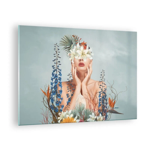 Glasbild - Bild auf glas - Frauenfigur mit Blumenkranz und Blumenarrangement - 70x50cm - Frau - Blume - Moderne Wanddekoration für Wohnzimmer und Schlafzimmer ARTTOR