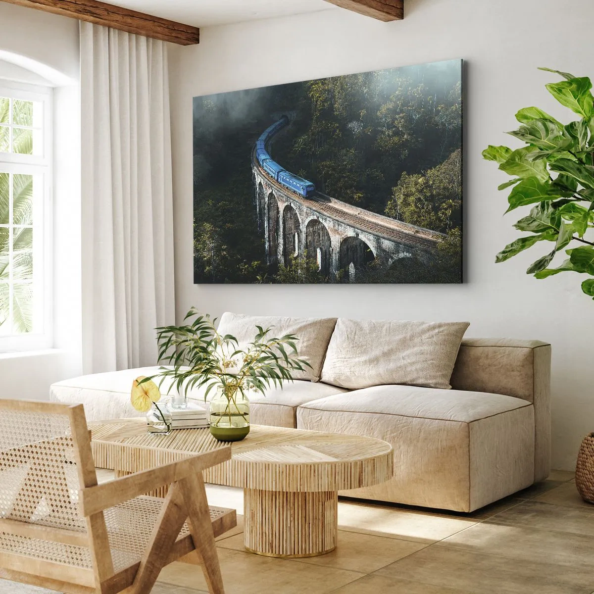 Bild auf Leinwand - Leinwandbild - Ein blauer Zug auf einem historischen Viadukt inmitten der Wälder - 100x70cm - Neigung zur Natur - Moderne Wanddekoration für Wohnzimmer und Schlafzimmer ARTTOR