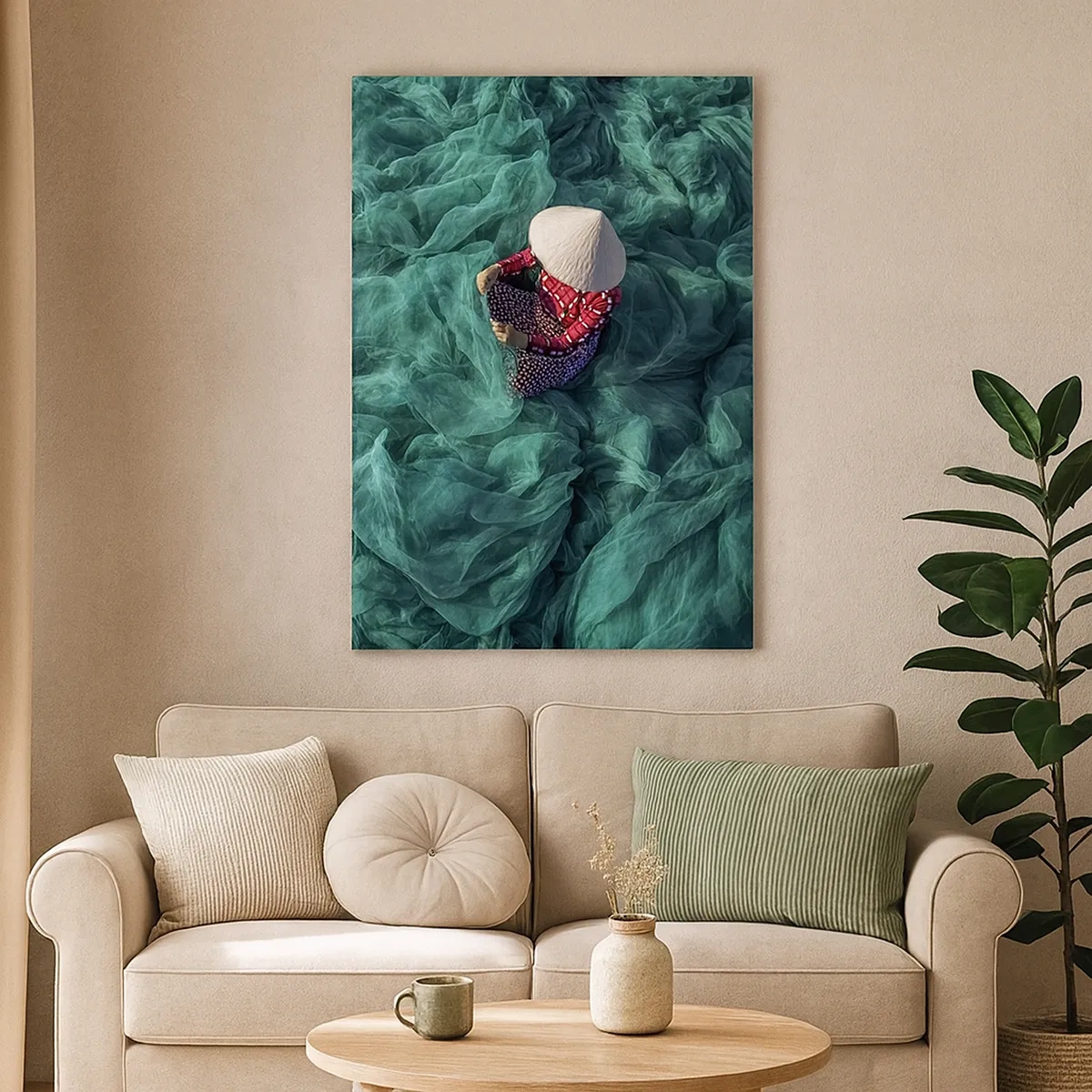 Bild auf Leinwand - Leinwandbild - Eine Person mit Hut zwischen grünen Fischernetzen - 50x70cm - In einem Meer aus Netzen - Moderne Wanddekoration für Wohnzimmer und Schlafzimmer ARTTOR