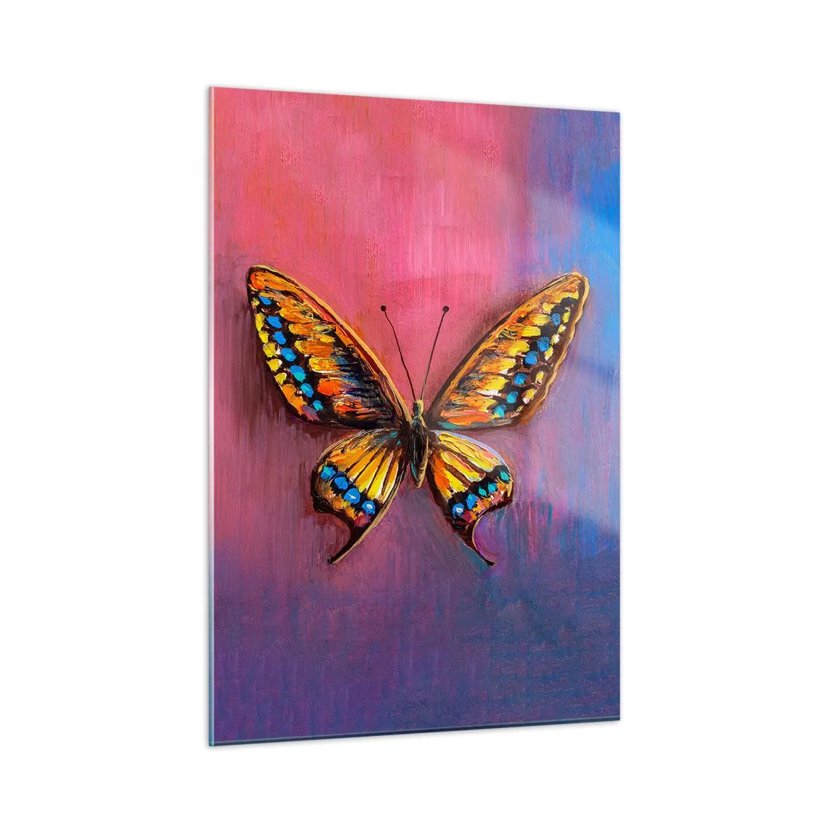 Glasbild - Bild auf glas - Ein bunter Schmetterling auf einem Hintergrund in Rosa- und Lilatönen - 50x70cm - Ein Juwel der Natur - Moderne Wanddekoration für Wohnzimmer und Schlafzimmer ARTTOR