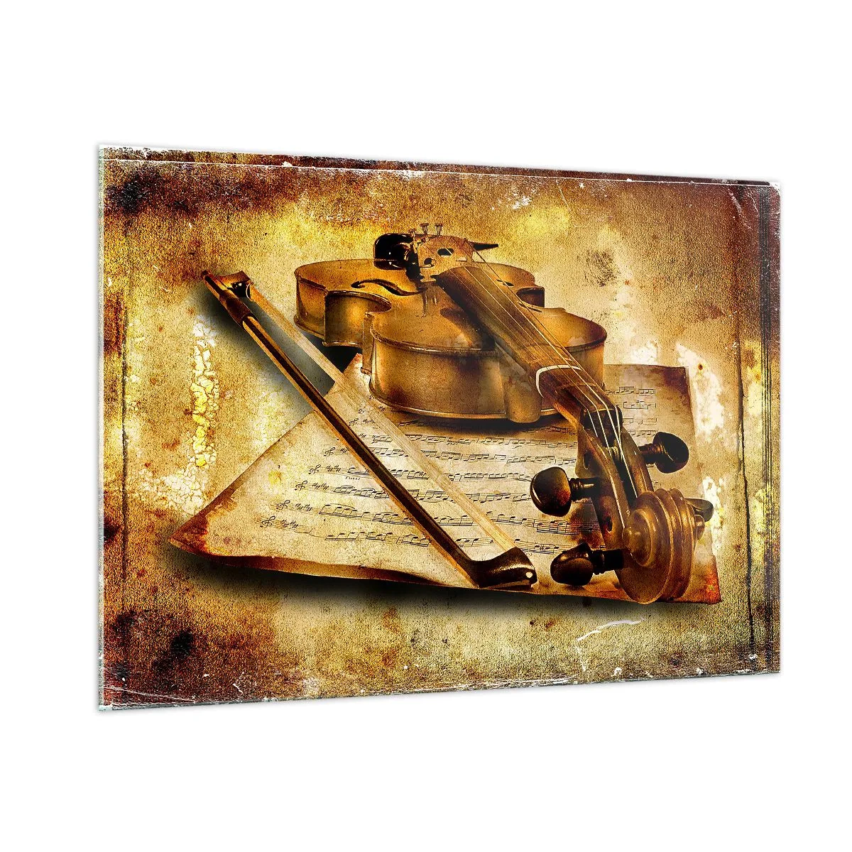 Glasbild - Bild auf glas - Violine mit Noten auf Vintage-Hintergrund - 100x70cm - Ein Virtuose dringend benötigt - Moderne Wanddekoration für Wohnzimmer und Schlafzimmer ARTTOR