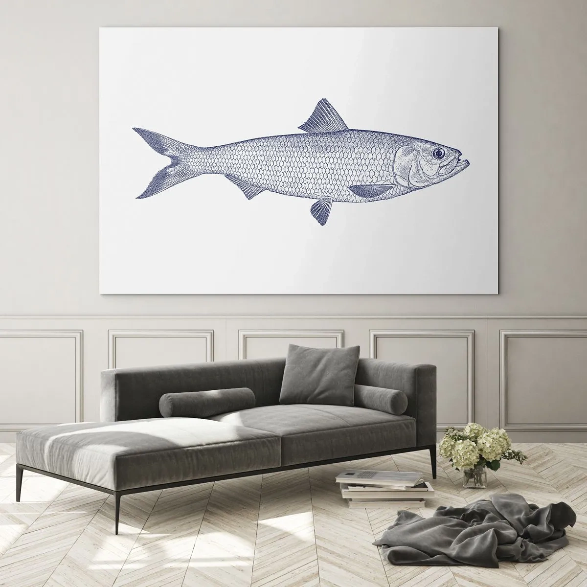 Glasbild - Bild auf glas - Fischskizze im Vintage-Stil auf hellem Hintergrund - 70x50cm - Grüße aus den nördlichen Meeren - Moderne Wanddekoration für Wohnzimmer und Schlafzimmer ARTTOR