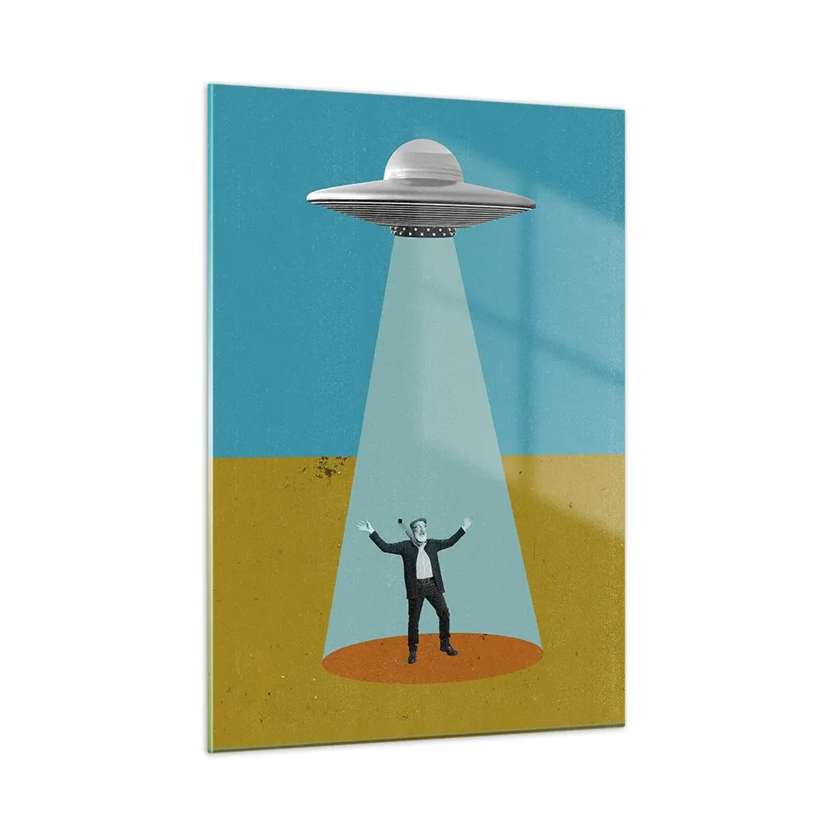 Glasbild - Bild auf glas - Ein Mann im Licht einer Weltraumuntertasse auf buntem Hintergrund - 50x70cm - Nahe Begegnung - Moderne Wanddekoration für Wohnzimmer und Schlafzimmer ARTTOR