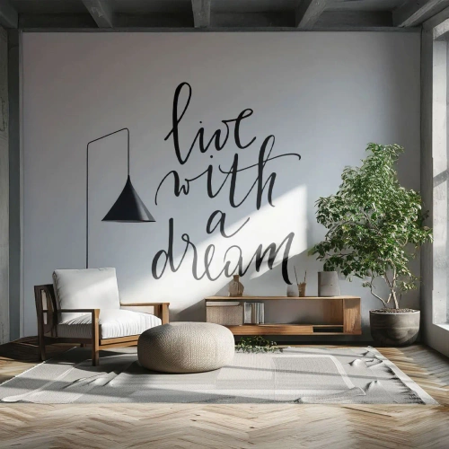 Fototapete Premium Sand - Das Zitat „Lebe mit einem Traum“ in eleganter schwarzer Schrift - 100x70cm - Na sicher - Moderne Wanddekoration für Wohnzimmer und Schlafzimmer ARTTOR