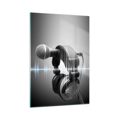 Glasbild - Bild auf glas - Mikrofon mit Kopfhörern vor einem Hintergrund aus Schallwellen - 50x70cm - Du kannst immer noch den Gesang hören - Moderne Wanddekoration für Wohnzimmer und Schlafzimmer ARTTOR