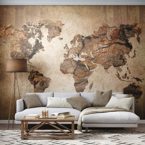 Fototapete Premium Sand - Rustikale Weltkarte in Holzoptik - 100x70cm - Entdeckung der Welt - Moderne Wanddekoration für Wohnzimmer und Schlafzimmer ARTTOR