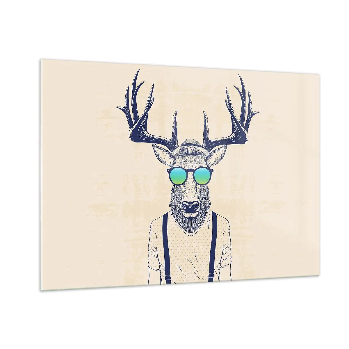 Glasbild - Bild auf glas - Ein eleganter Hirsch mit Sonnenbrille auf hellem Hintergrund - 100x70cm - Wen hast du erwartet? - Moderne Wanddekoration für Wohnzimmer und Schlafzimmer ARTTOR