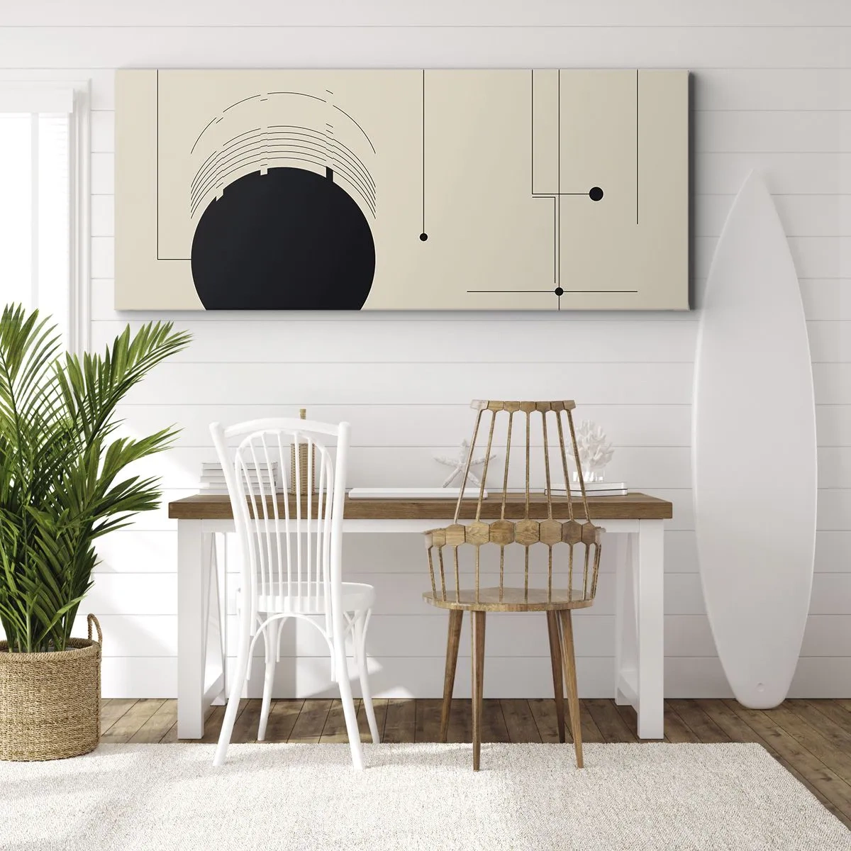 Bild auf Leinwand - Leinwandbild - Schwarze geometrische Linien und ein Kreis auf beigem Hintergrund - 160x50cm - Flexible und dynamische Komposition - Moderne Wanddekoration für Wohnzimmer und Schlafzimmer ARTTOR
