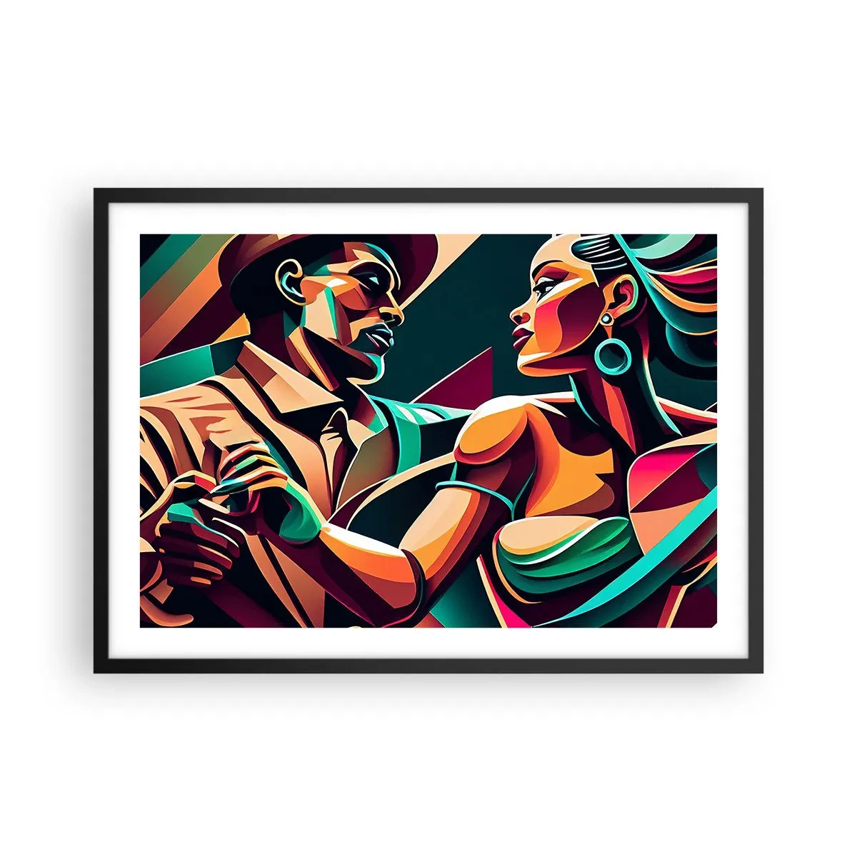 Poster in einem schwarzem Rahmen - Ein stilisiertes Paar, das in leuchtenden, geometrischen Farben tanzt. - 70x50cm - Im Rhythmus des Herzens - Moderne Wanddekoration für Wohnzimmer und Schlafzimmer ARTTOR