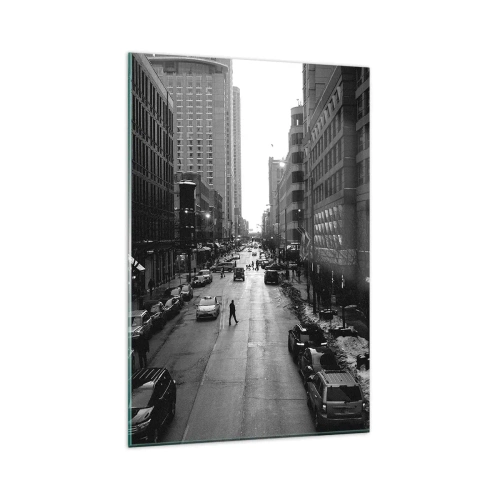 Glasbild - Bild auf glas - Eine schwarz-weiße Straße mitten in der Stadt mit Autos und Fußgängern - 80x120cm - Ein weiterer Tag wie jeder andere Tag - Moderne Wanddekoration für Wohnzimmer und Schlafzimmer ARTTOR