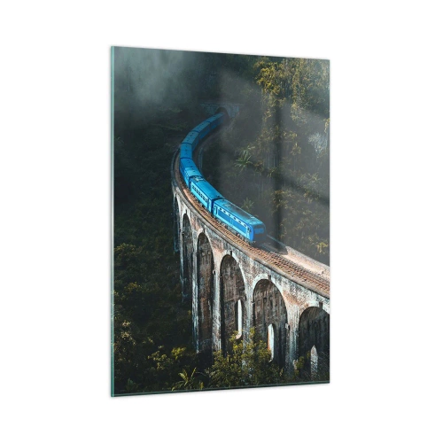 Glasbild - Bild auf glas - Ein blauer Zug, der auf einem Steinviadukt im Wald fährt - 50x70cm - Neigung zur Natur - Moderne Wanddekoration für Wohnzimmer und Schlafzimmer ARTTOR