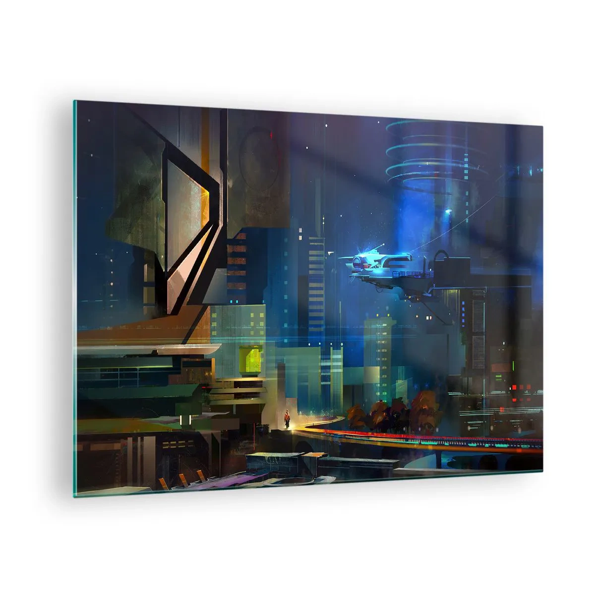 Glasbild - Bild auf glas - Futuristische Stadt bei Nacht mit Neonlichtern und einem fliegenden Fahrzeug - 70x50cm - In naher Zukunft - Moderne Wanddekoration für Wohnzimmer und Schlafzimmer ARTTOR