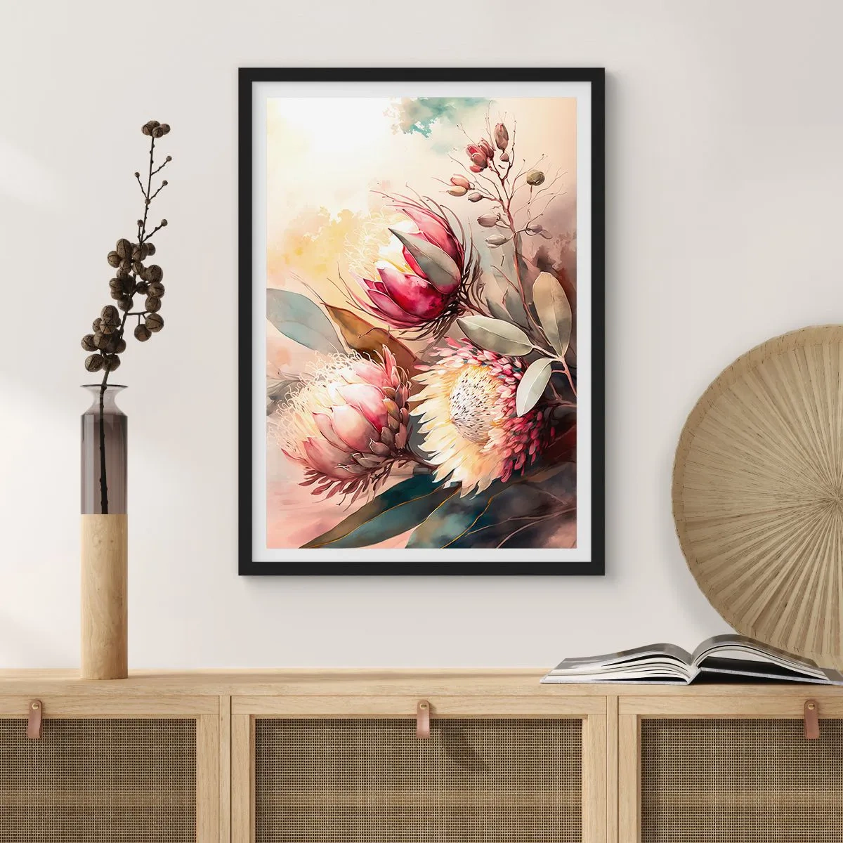 Poster in einem schwarzem Rahmen - Ein Strauß Protea-Blüten in zarten Farben - 50x70cm - Im Profil und en face - Moderne Wanddekoration für Wohnzimmer und Schlafzimmer ARTTOR