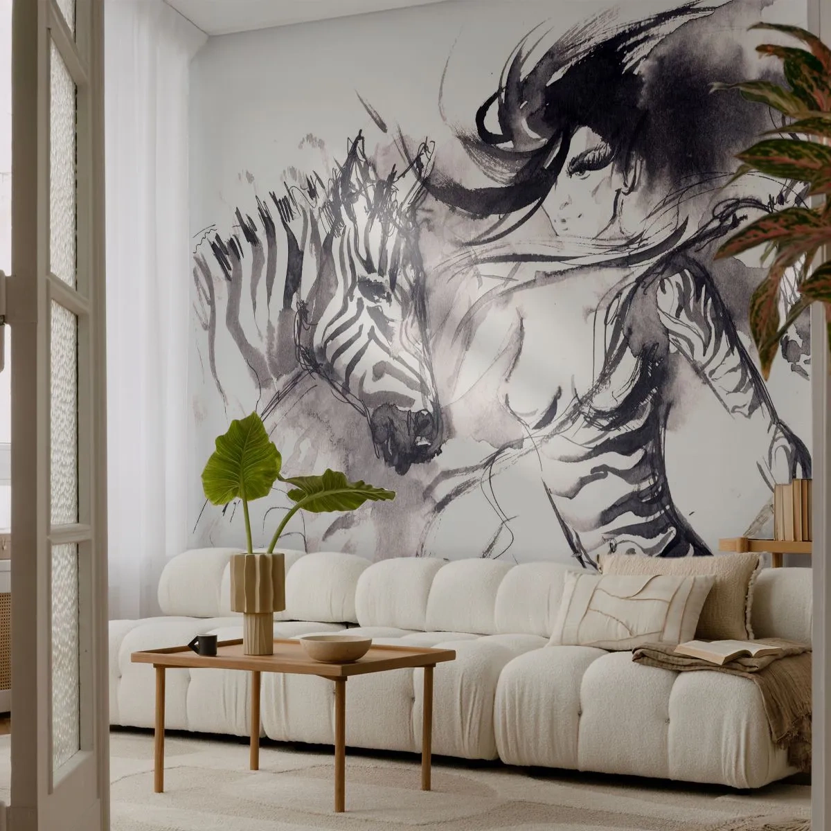 Selbstklebende Fototapete Deluxe Sticker - Tanzen mit den Zebras - Abstraktion, Frau, Rippen - 250x175 cm