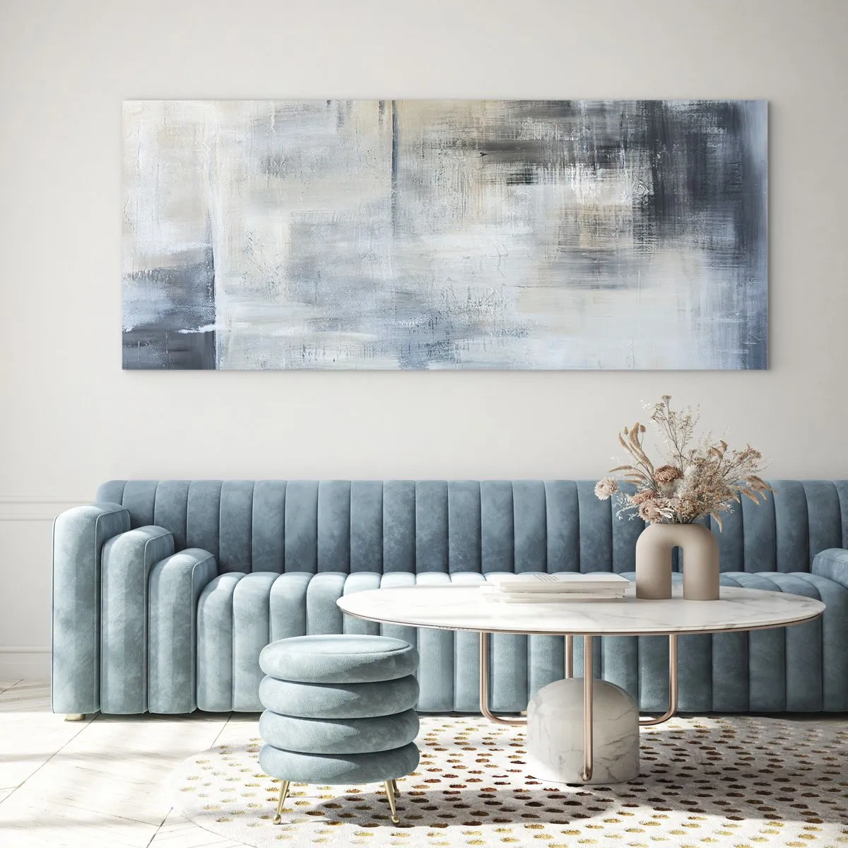 Glasbild - Bild auf glas - Hinter dem blauen Vorhang - 90x30 cm