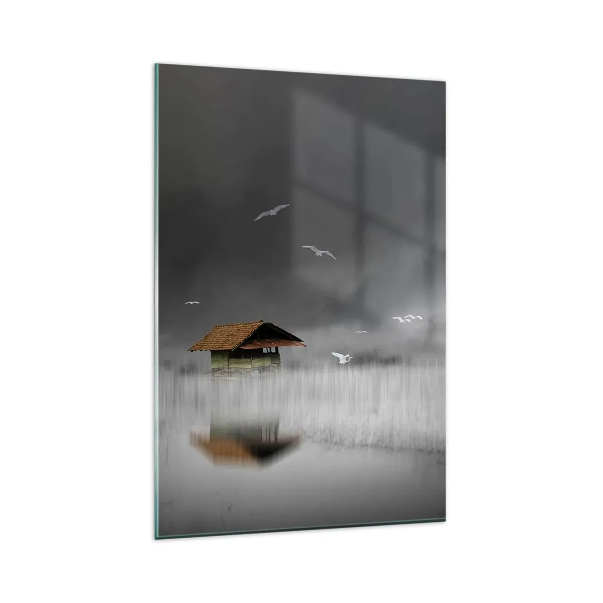 Glasbild - Bild auf glas - Ein einsames Häuschen am Wasser, umgeben von Nebel und Vögeln - 80x120cm - Schutz vor Regen - Moderne Wanddekoration für Wohnzimmer und Schlafzimmer ARTTOR