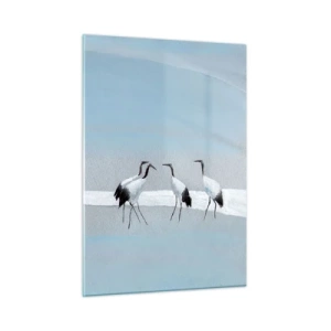 Glasbild - Bild auf glas - Eine Gruppe von Kranichen vor der Kulisse der blauen Berge und einem Sonnenuntergang - 50x70cm - Nach einem heißen Tag - Moderne Wanddekoration für Wohnzimmer und Schlafzimmer ARTTOR