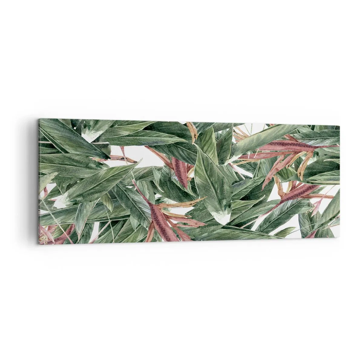 Bild auf Leinwand - Leinwandbild - Ein dekoratives Blattmotiv in Grün- und Burgundertönen auf hellem Hintergrund - 140x50cm - Smaragd-lila Dickicht - Moderne Wanddekoration für Wohnzimmer und Schlafzimmer ARTTOR