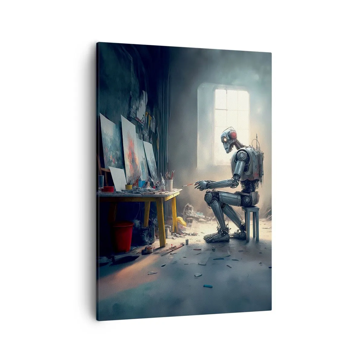 Bild auf Leinwand - Leinwandbild - Ein Roboter malt ein Bild in einem Kunstatelier - 50x70cm - Schöpfungsakt - Moderne Wanddekoration für Wohnzimmer und Schlafzimmer ARTTOR