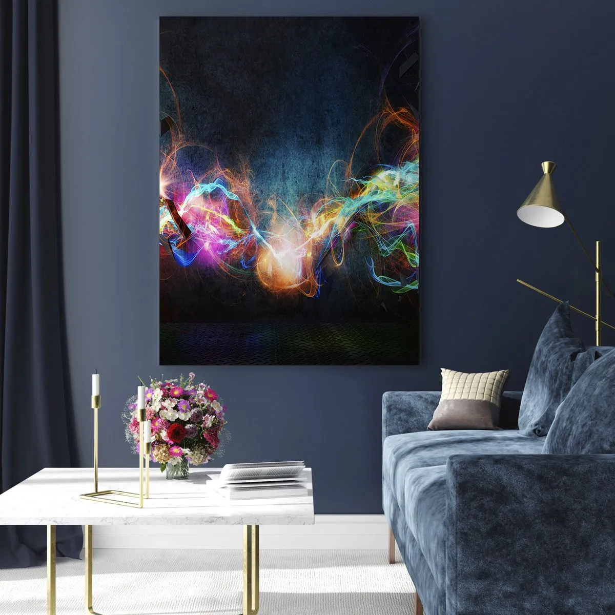 Glasbild - Bild auf glas - Bunte Lichtblitze in einer abstrakten Komposition - 70x100cm - Freudig gegen die Dunkelheit - Moderne Wanddekoration für Wohnzimmer und Schlafzimmer ARTTOR