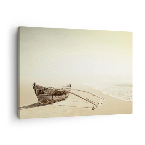 Bild auf Leinwand - Leinwandbild - Altes Fischerboot an einem Sandstrand - 70x50cm - Erinnerung an die Südsee - Moderne Wanddekoration für Wohnzimmer und Schlafzimmer ARTTOR