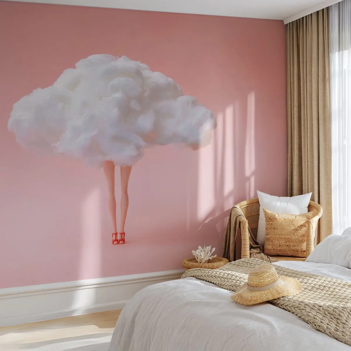 Fototapete Premium Canvas - Beine in einer Wolke auf rosa Hintergrund - 100x70cm - Süßes Versprechen - Moderne Wanddekoration für Wohnzimmer und Schlafzimmer ARTTOR