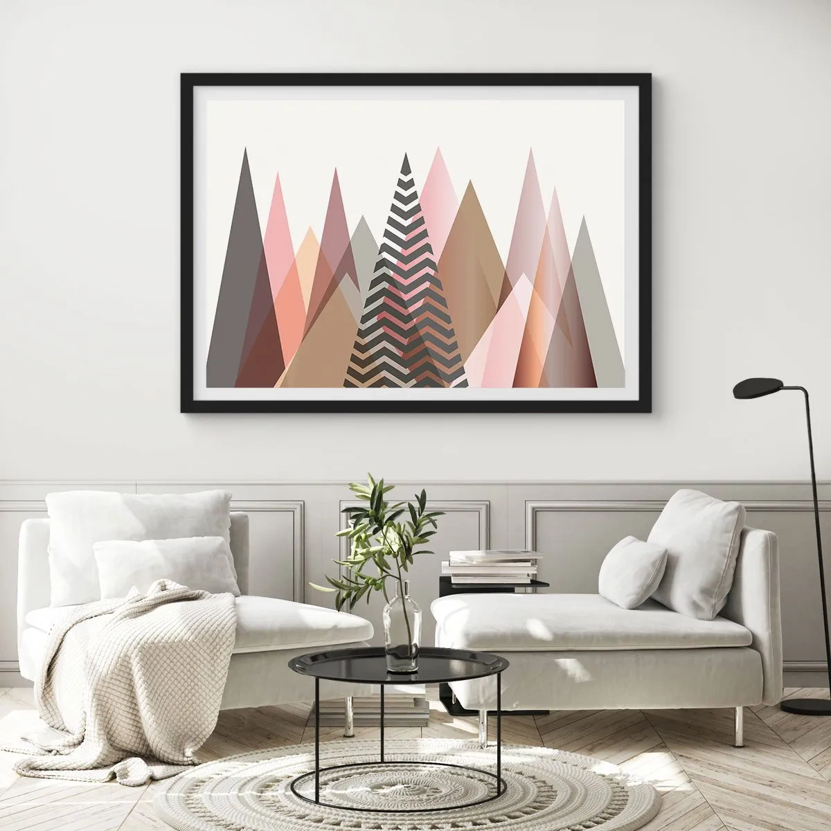 Poster in einem schwarzem Rahmen - Bunte geometrische Berge in Pastelltönen - 70x50cm - Pyramidale Aussicht - Moderne Wanddekoration für Wohnzimmer und Schlafzimmer ARTTOR