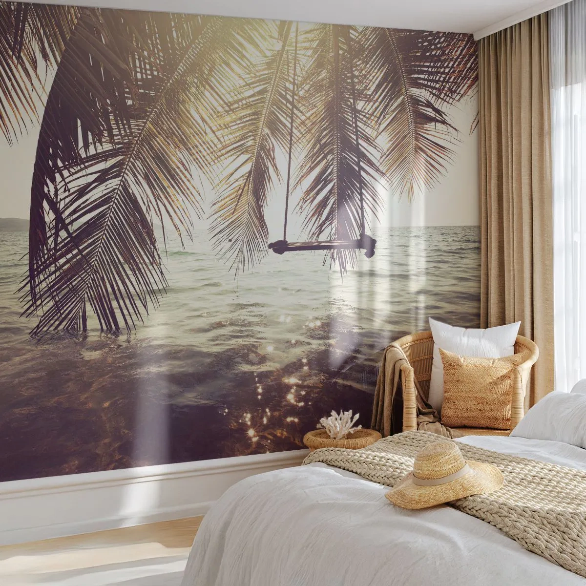 Fototapete Premium Sand - Sie können nach Belieben in den Wolken schwingen - Landschaft, Kokusnuss-Palme, Meer - 500x350 cm