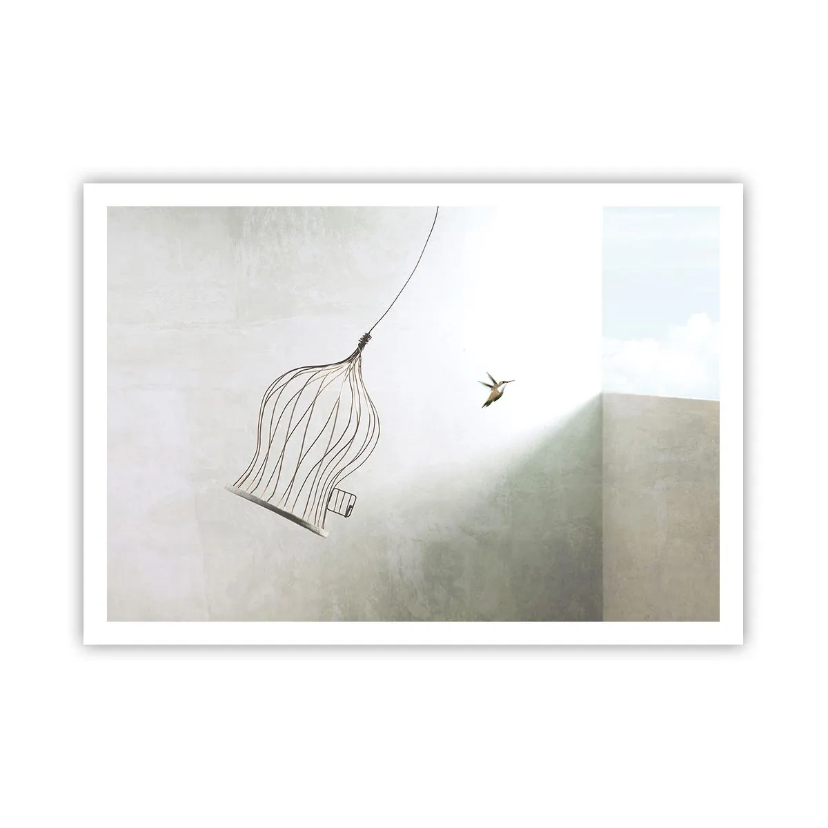 Poster - Ein aus einem Käfig befreiter Vogel vor dem Hintergrund eines hellen Himmels - 100x70cm - In seinem Element - Moderne Wanddekoration für Wohnzimmer und Schlafzimmer ARTTOR